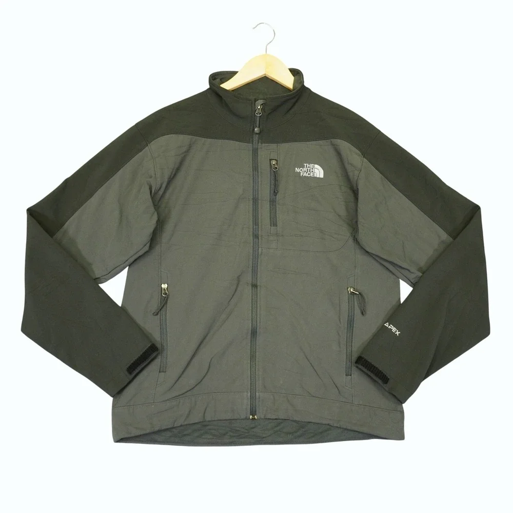 The North Face Apex Softshell Jacket Mens L Grey Black Full Zip Fleece Lined